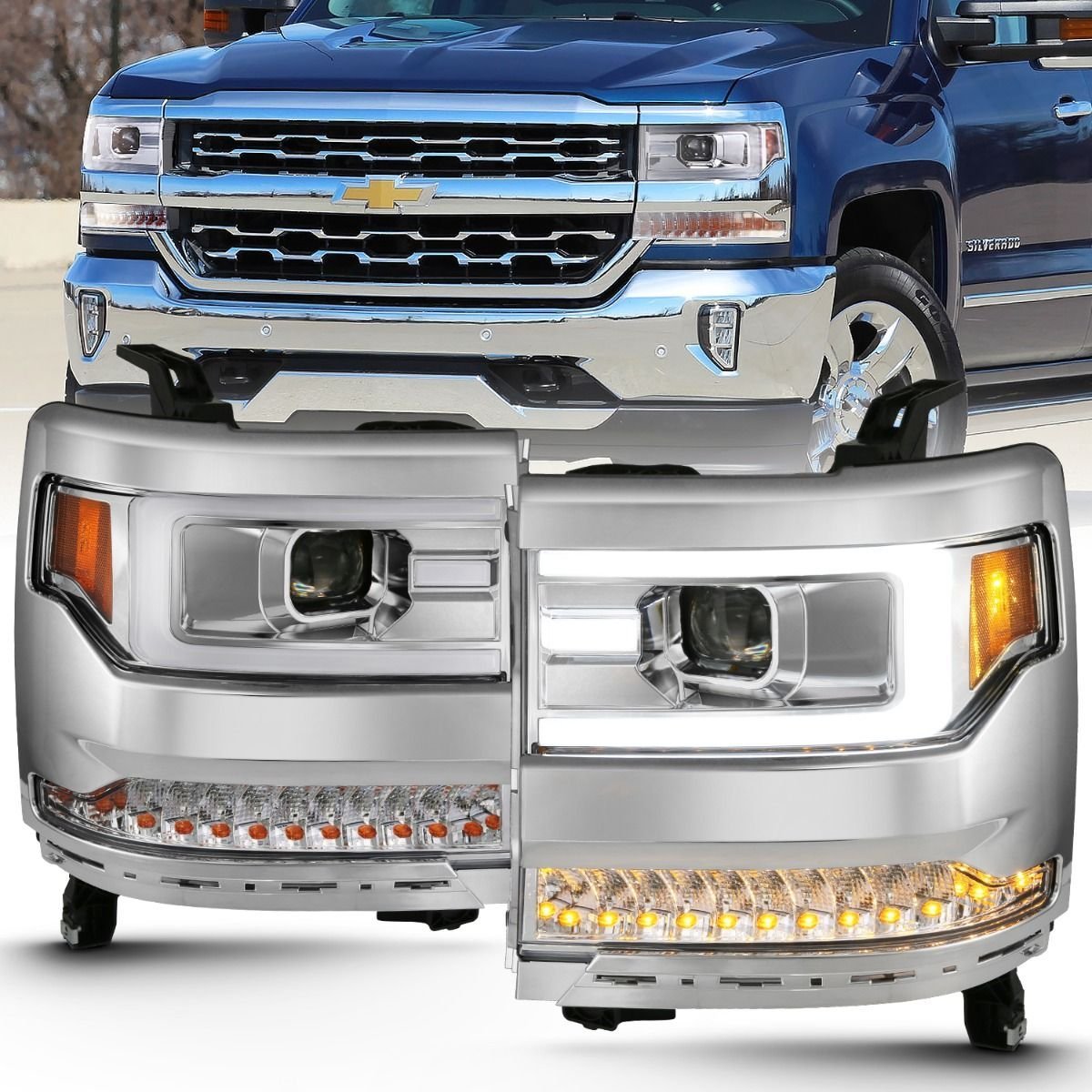 Chevy Silverado 1500 16-18 Projector Plank Headlight - Chrome - Image 1
