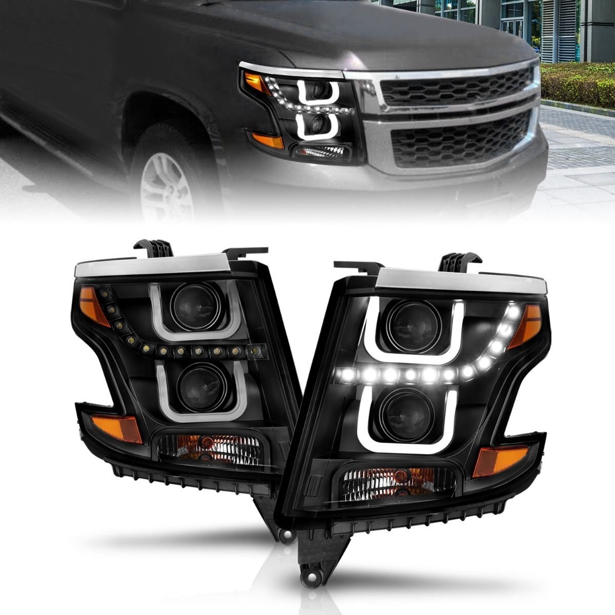 Chevy Tahoe/suburban 15-19 Projector U Bar Style Headlight - Black - Image 1