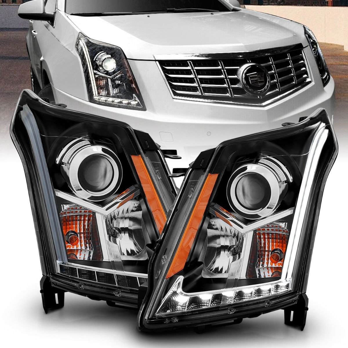 Cadillac SRX 10-14 Projector Headlights Plank Style - Black - Image 1