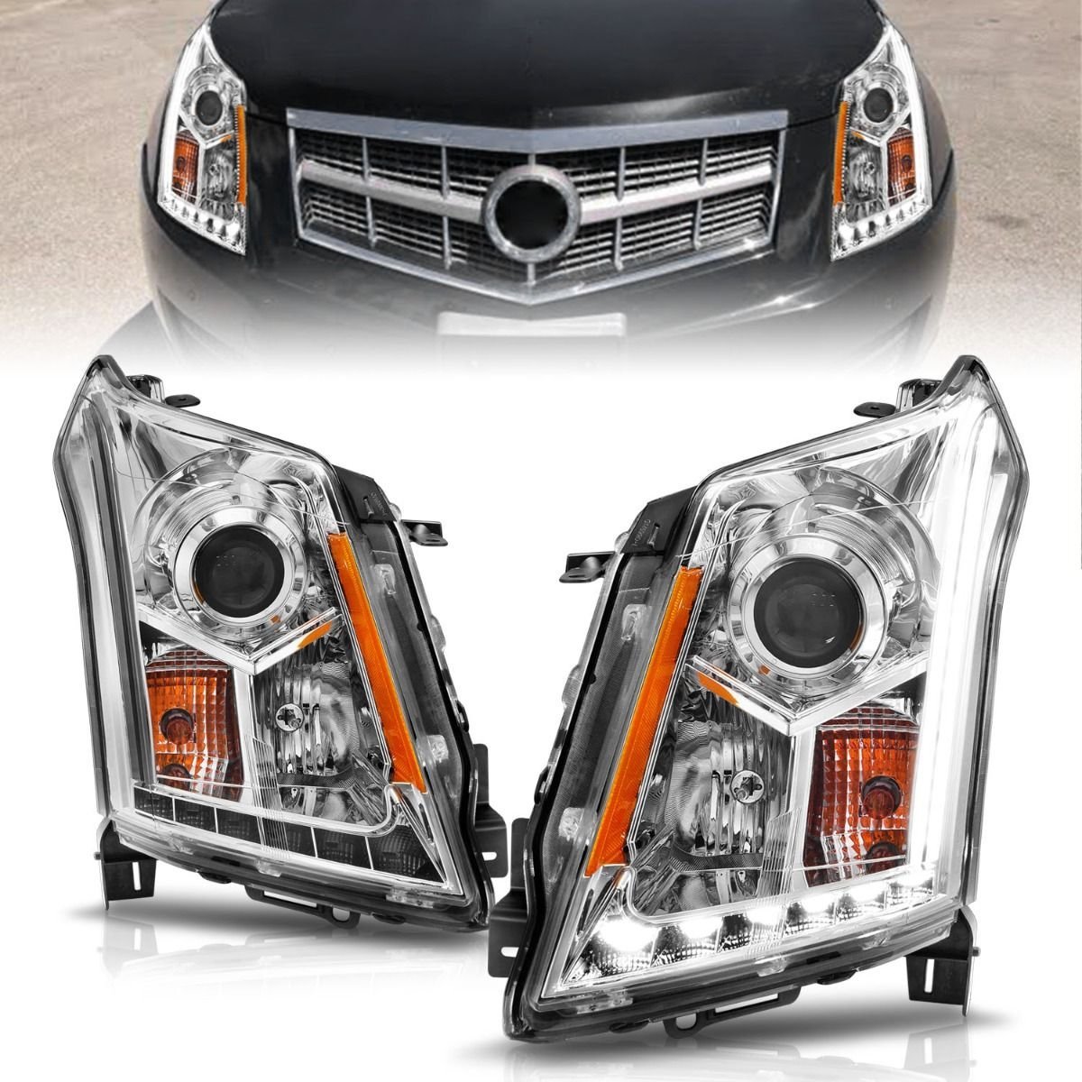 Cadillac SRX 10-14 Projector Headlights Plank Style Chrome - Image 1
