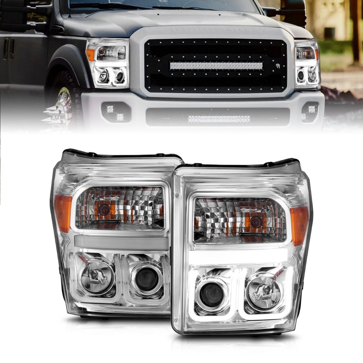 Ford F-250/350/450/550 Super Duty 11-16 Projector U-bar Headlights Chrome Clear - Image 1