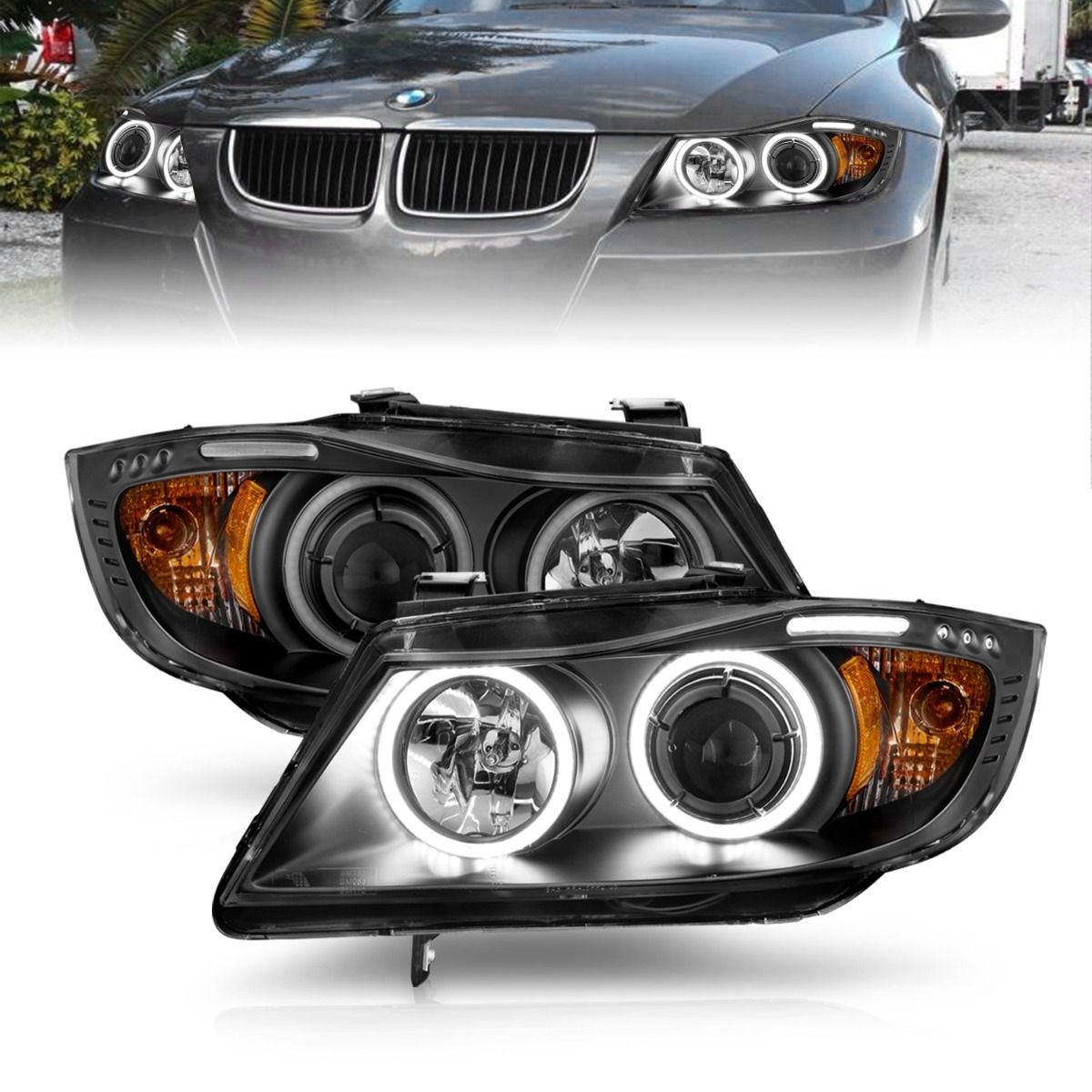 BMW 3 Series E90/E91 06-08 Projector Headlights Black - Image 1