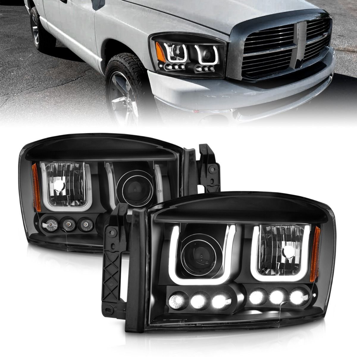 Dodge Ram 1500 06-08 / Ram 2500/3500 06-09 Projector Headlights W/ U-bar Light W/ Black Housing - Image 1