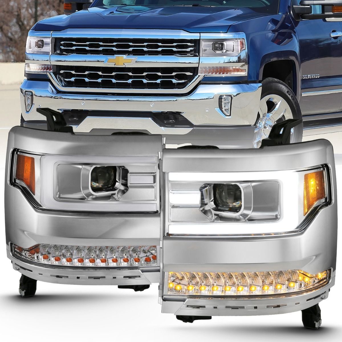 Chevy Silverado 1500 16-18 Projector Plank Style Headlights - Chrome - Image 1