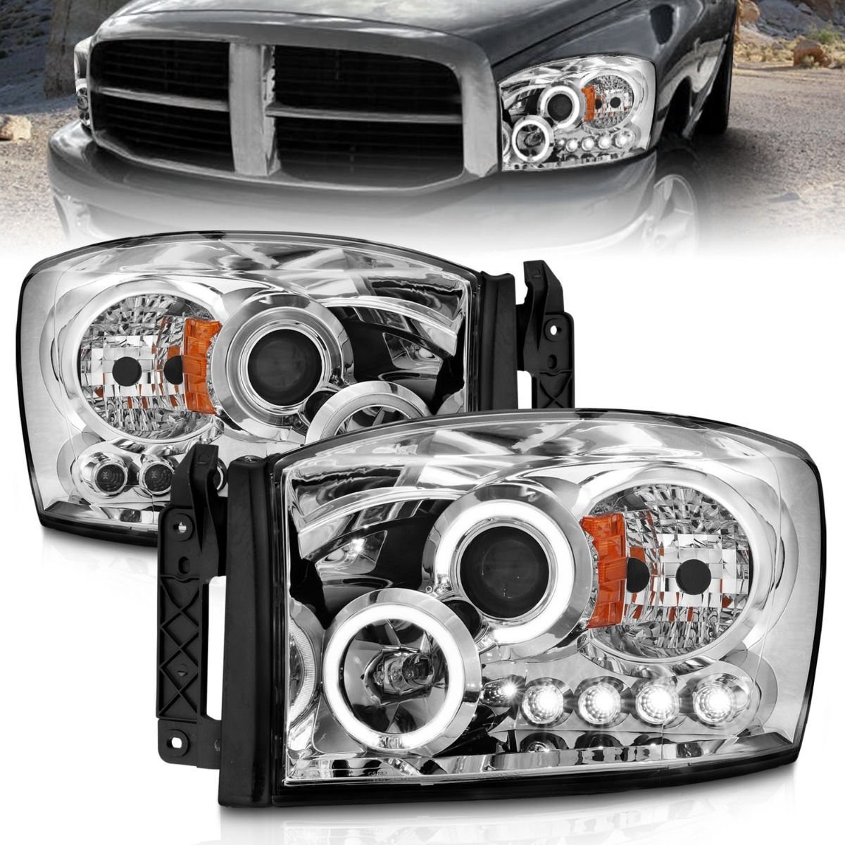 Dodge Ram 1500 06-08 / Ram 2500/3500 06-09 Projector Headlights Chrome Housing - Image 1