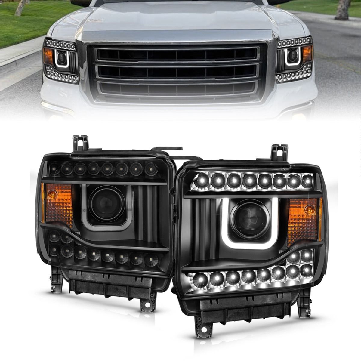 GMC Sierra 1500 14-15 /2500hd/3500hd 15-19 Projector U-bar Style Headlights Black - Image 1