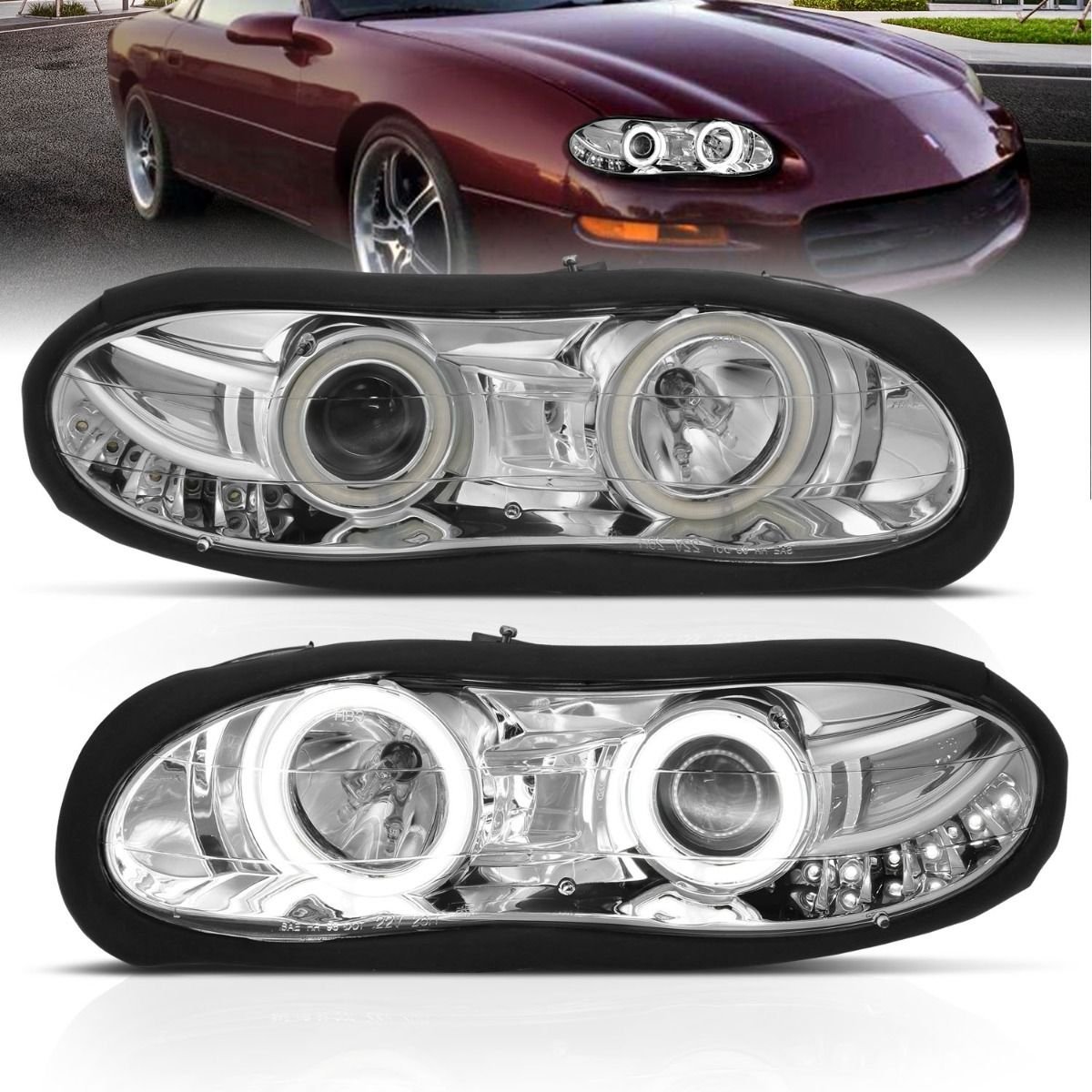 CHEVY CAMARO 98-02 PROJECTOR HEADLIGHTS CHROME W/ RX HALO - Image 1