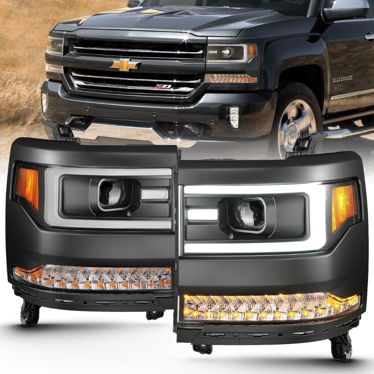 Chevy Silverado 1500 16-18 Projector Plank Headlights - Black - Image 1