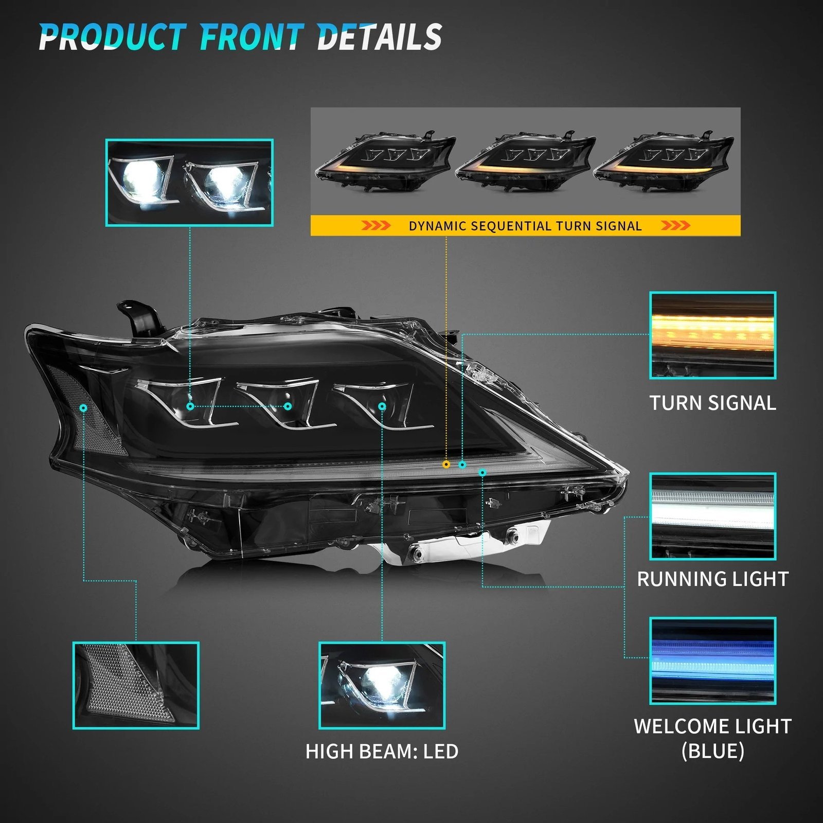 VLAND Full LED Headlights For Lexus RX350 RX450h 2012-2014 F Sport Third generation (AL10) [Fits HID/Xenon Models] - Image 3