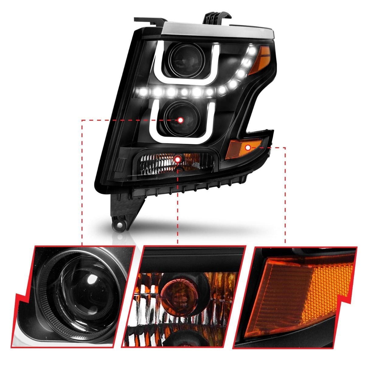 Chevy Tahoe/suburban 15-19 Projector U Bar Style Headlight - Black - Image 3