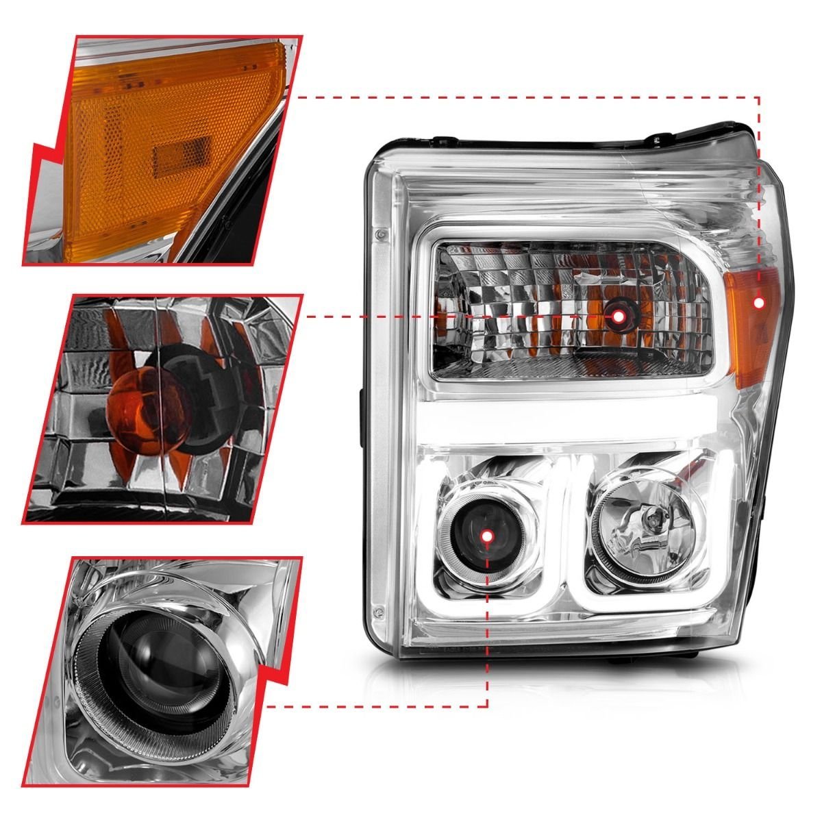 Ford F-250/350/450/550 Super Duty 11-16 Projector U-bar Headlights Chrome Clear - Image 3