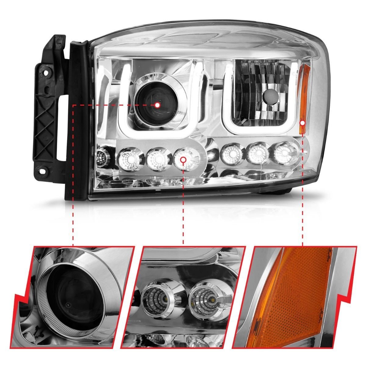 DODGE RAM 1500 06-08 / RAM 2500/3500 06-09 PROJECTOR HEADLIGHTS W/ U-BAR CHROME HOUSING - Image 3