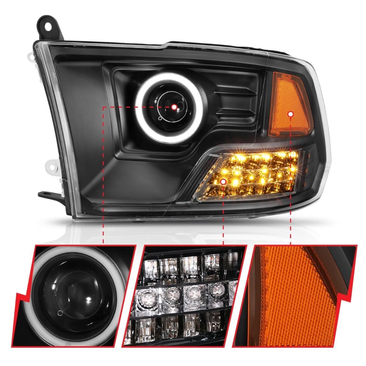 Dodge Ram 1500 09-18 / Ram 2500/3500 10-18 Projector Headlights Black W/ Rx Halo (for Non-projector Models) - Image 3