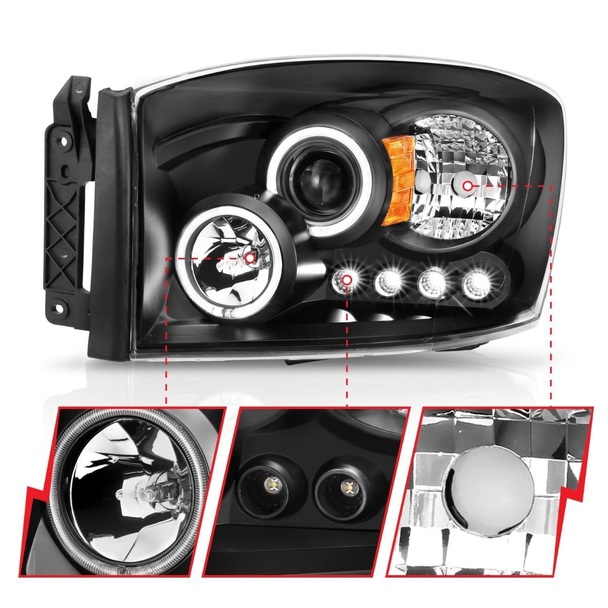 Dodge Ram 1500 06-08 / Ram 2500/3500 06-09 Projector Headlights W/ Led Halos Black Housing - Image 3