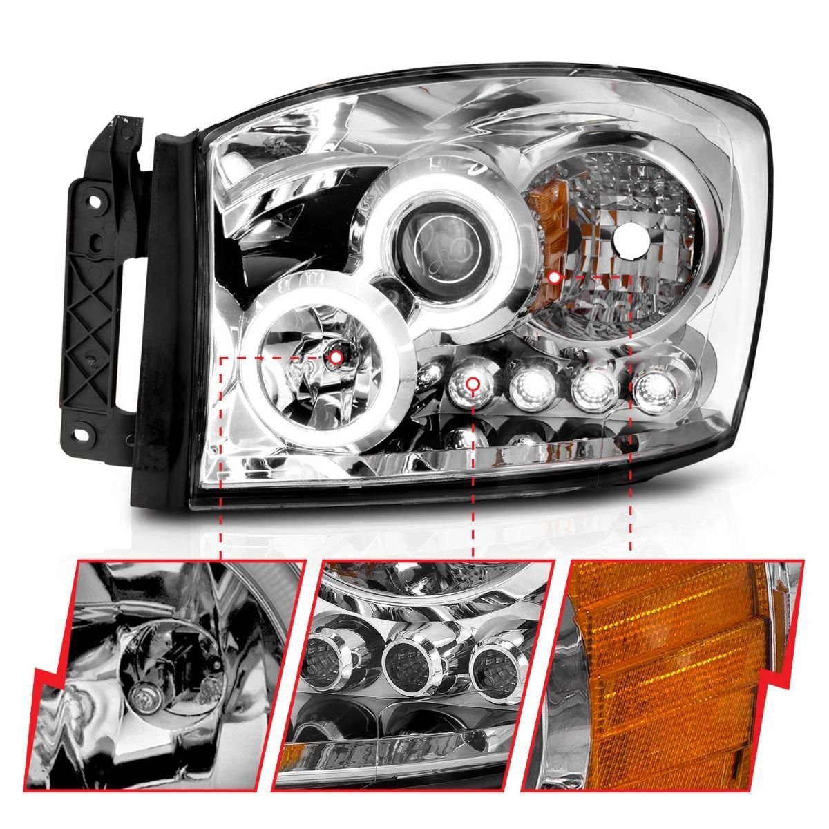 Dodge Ram 1500 06-08 / Ram 2500/3500 06-09 Projector Headlights Chrome W/ Rx Halo - Image 3