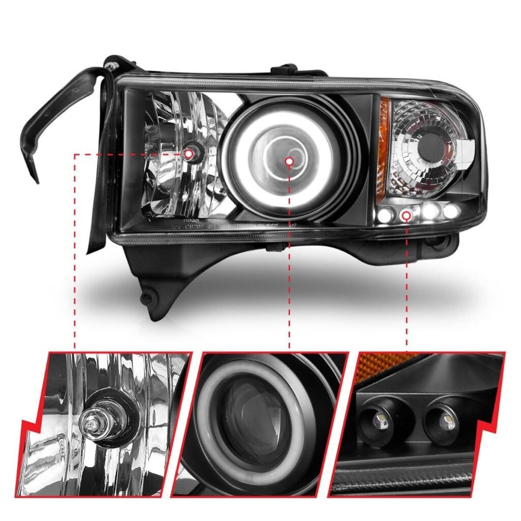 Dodge Ram 1500 94-01 / Ram 2500/3500 94-02 / Ram Sport Model 94-98 Projector Headlights Black W/Rx Halo