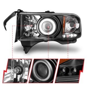 Dodge Ram 1500 94-01 / Ram 2500/3500 94-02 / Ram Sport Model 94-98 Projector Headlights Black W/Rx Halo - Image 3