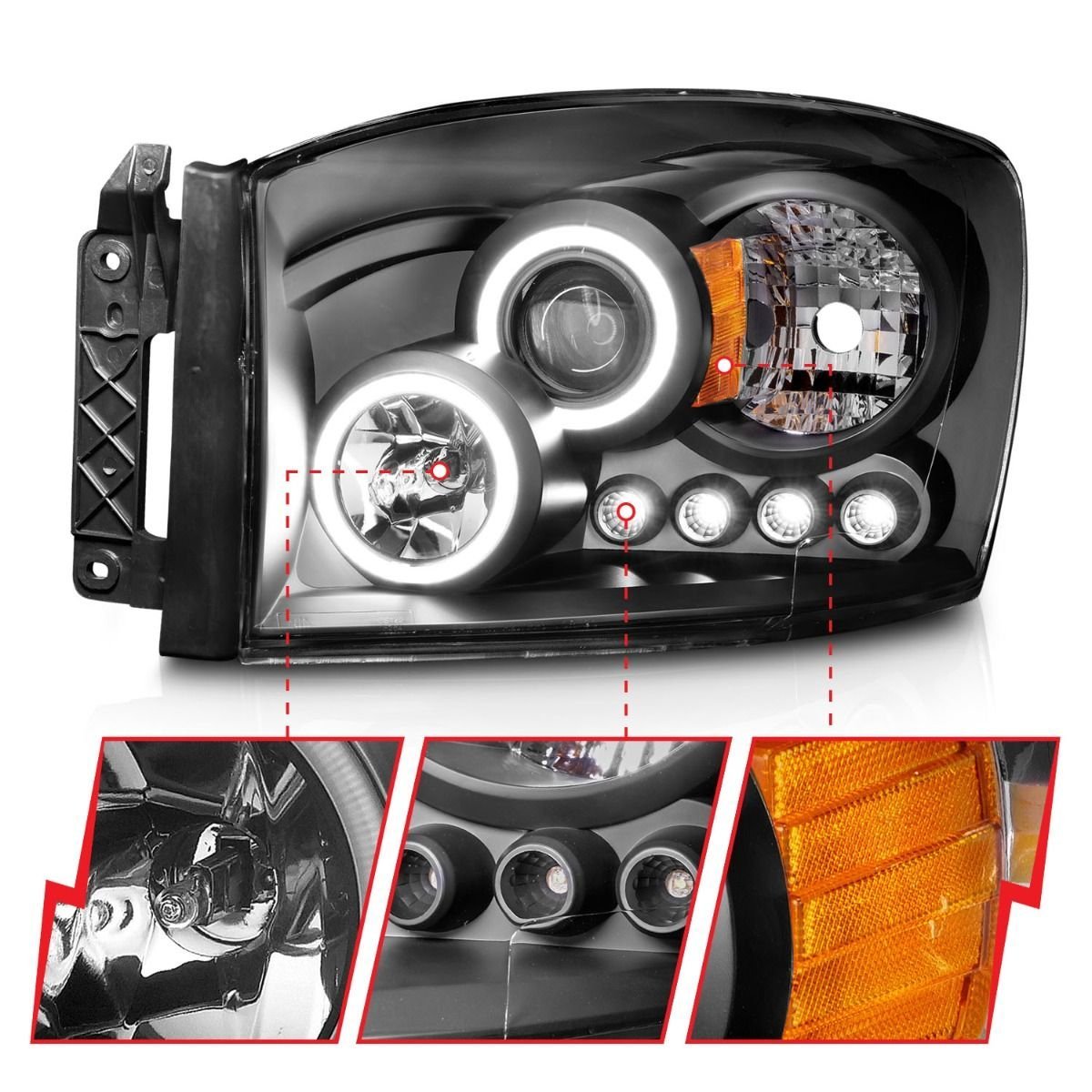 Dodge Ram 1500 06-08 / Ram 2500/3500 06-09 Projector Headlights Black W/ Rx Halo - Image 3