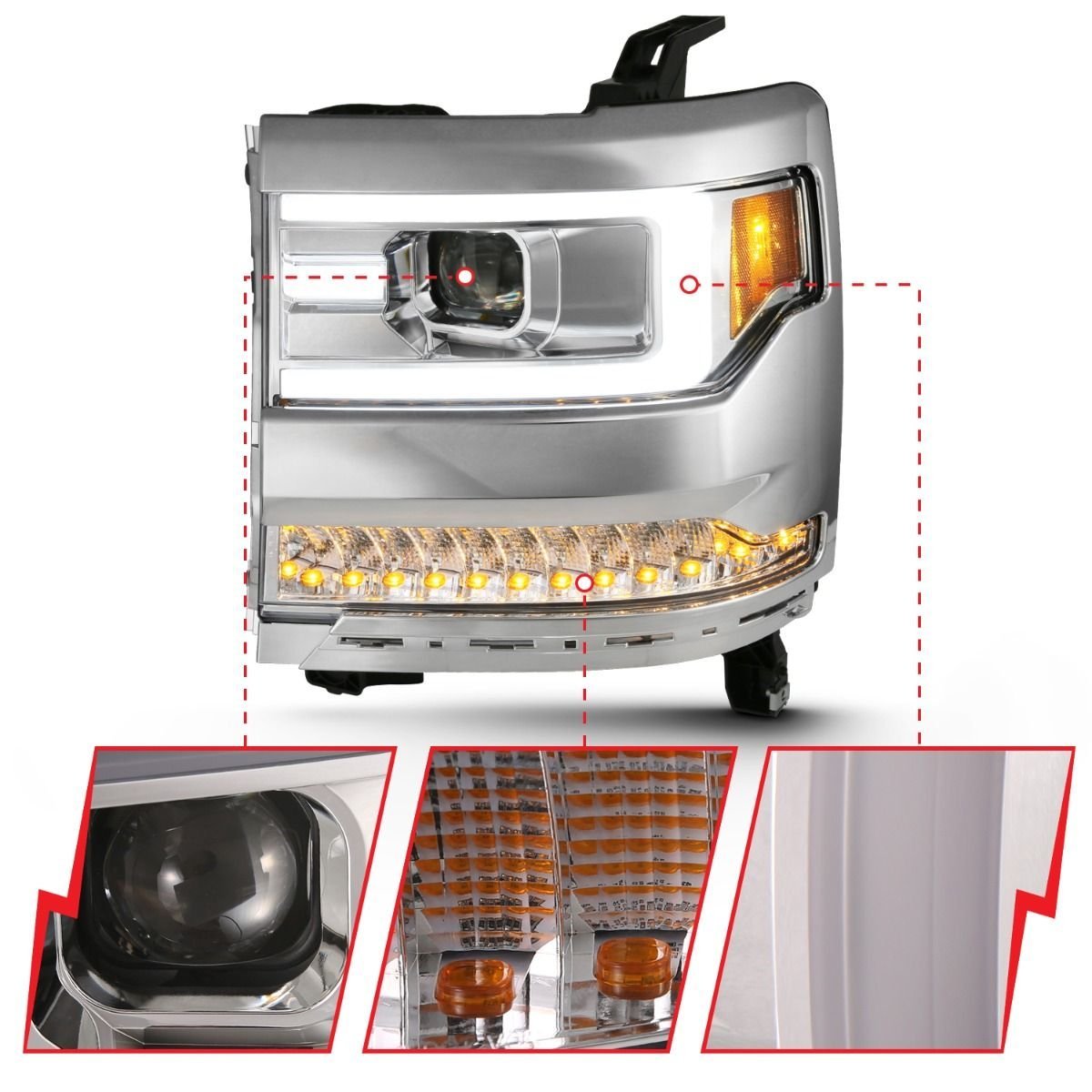 Chevy Silverado 1500 16-18 Projector Plank Style Headlights - Chrome - Image 3