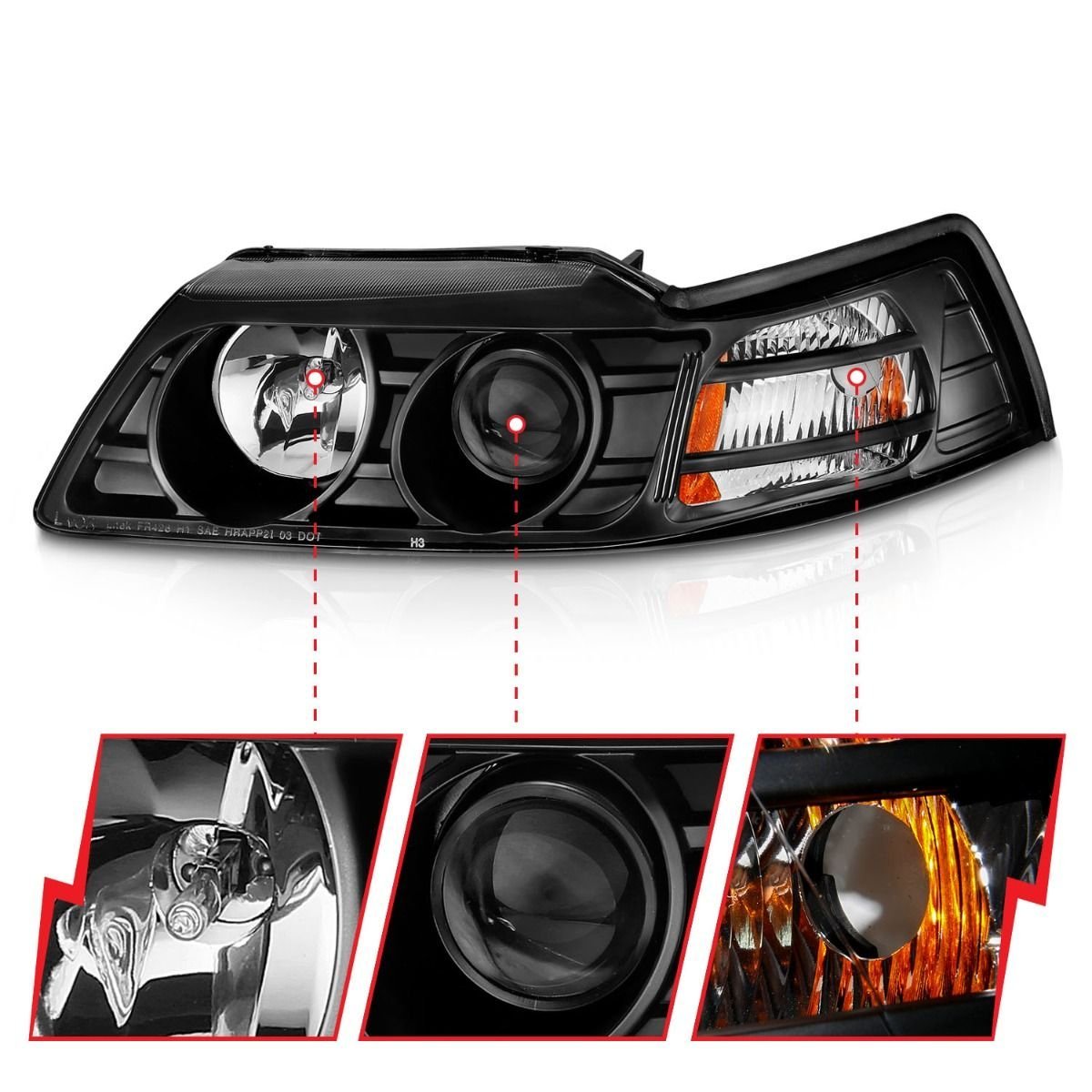 FORD MUSTANG 99-04 PROJECTOR HEADLIGHTS W/ BLACK HOUSING - Image 3