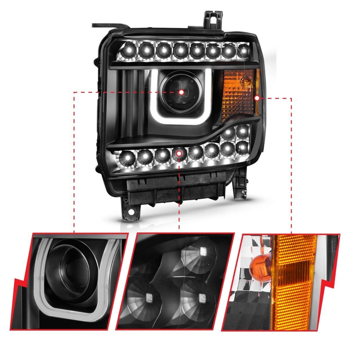 GMC Sierra 1500 14-15 /2500hd/3500hd 15-19 Projector U-bar Style Headlights Black - Image 3