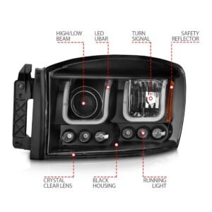 Dodge Ram 1500 06-08 / Ram 2500/3500 06-09 Projector Headlights W/ U-bar Light W/ Black Housing - Image 4