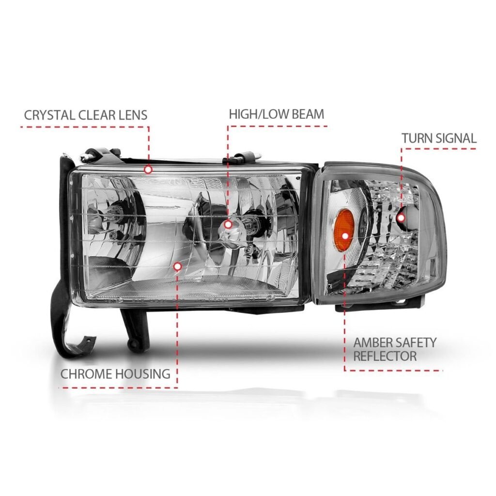 Dodge Ram 1500 94-01 / Ram 2500/3500 94-02 / Ram Sport Model 94-98 Crystal Headlights Chrome W/Corner Light 2pc