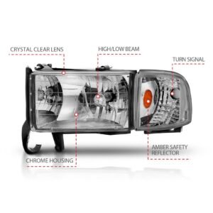 Dodge Ram 1500 94-01 / Ram 2500/3500 94-02 / Ram Sport Model 94-98 Crystal Headlights Chrome W/Corner Light 2pc - Image 4