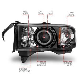 Dodge Ram 1500 94-01 / Ram 2500/3500 94-02 / Ram Sport Model 94-98 Projector Headlights Black W/Rx Halo - Image 4