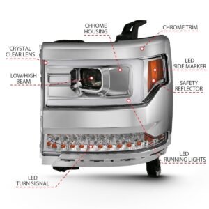 Chevy Silverado 1500 16-18 Projector Plank Style Headlights - Chrome - Image 4