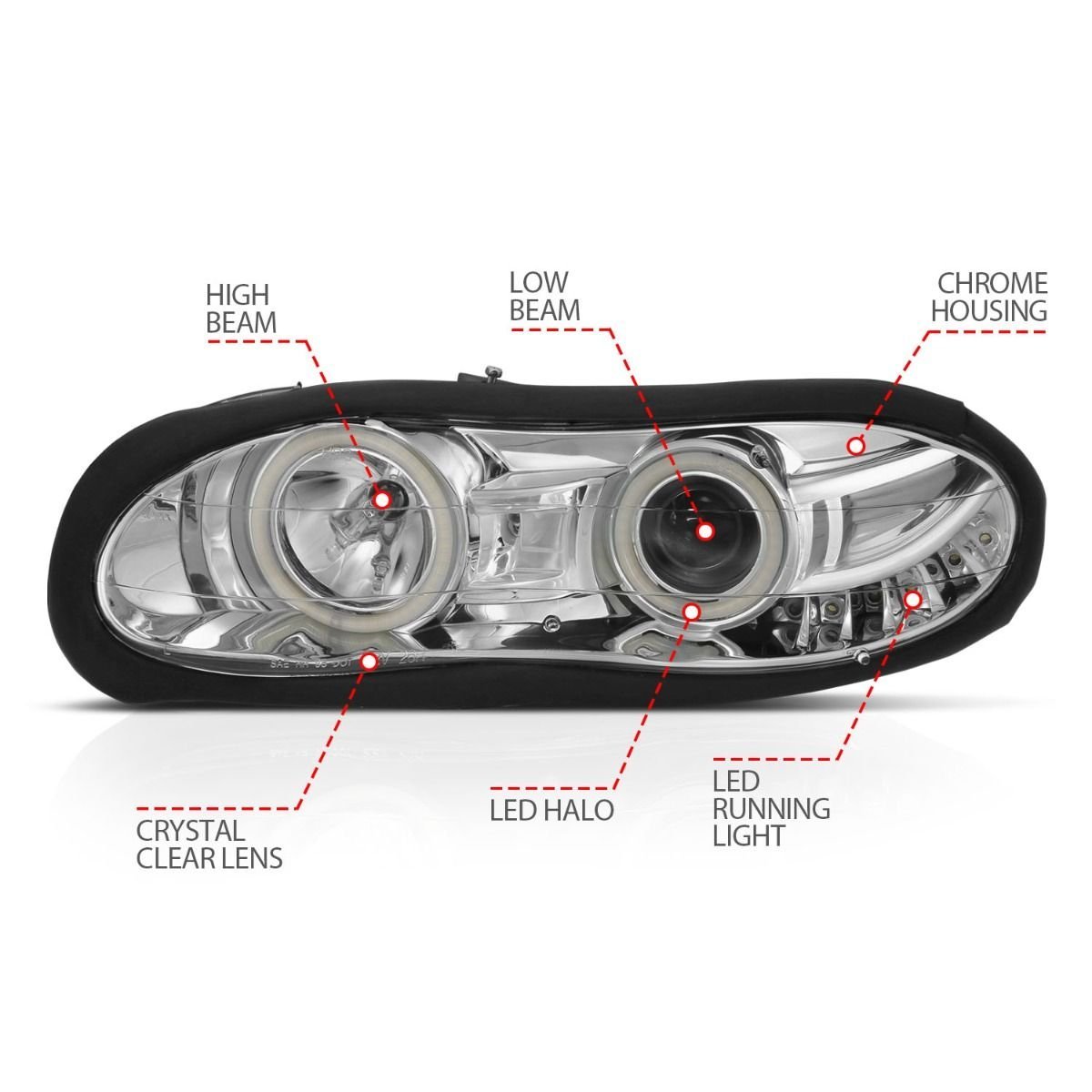 CHEVY CAMARO 98-02 PROJECTOR HEADLIGHTS CHROME W/ RX HALO - Image 4