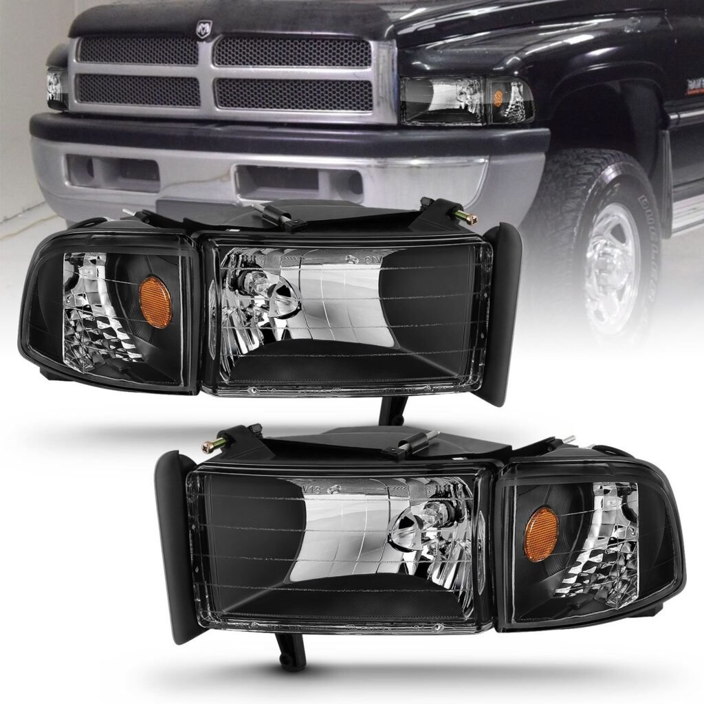 Dodge Ram 1500 94-01 / Ram 2500/3500 94-02/ Ram Sport Model 94-98 Crystal Headlights Black W/Corner Light 2pc
