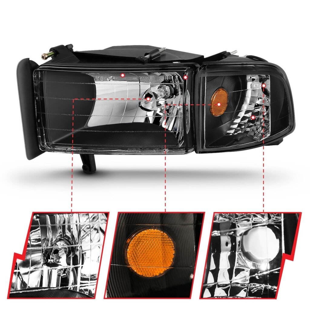 Dodge Ram 1500 94-01 / Ram 2500/3500 94-02/ Ram Sport Model 94-98 Crystal Headlights Black W/Corner Light 2pc
