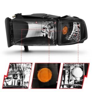 Dodge Ram 1500 94-01 / Ram 2500/3500 94-02/ Ram Sport Model 94-98 Crystal Headlights Black W/Corner Light 2pc - Image 3