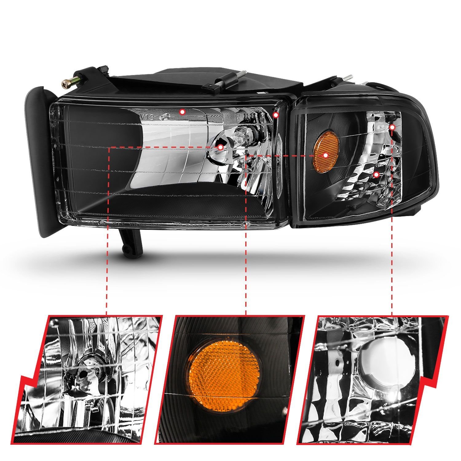 Dodge Ram 1500 94-01 / Ram 2500/3500 94-02/ Ram Sport Model 94-98 Crystal Headlights Black W/Corner Light 2pc - Image 3
