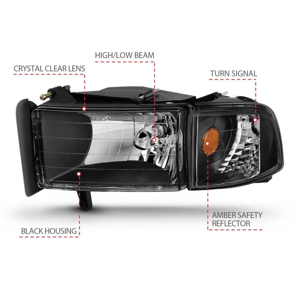 Dodge Ram 1500 94-01 / Ram 2500/3500 94-02/ Ram Sport Model 94-98 Crystal Headlights Black W/Corner Light 2pc