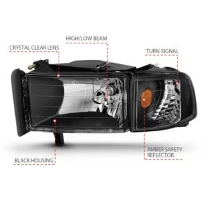 Dodge Ram 1500 94-01 / Ram 2500/3500 94-02/ Ram Sport Model 94-98 Crystal Headlights Black W/Corner Light 2pc - Image 4