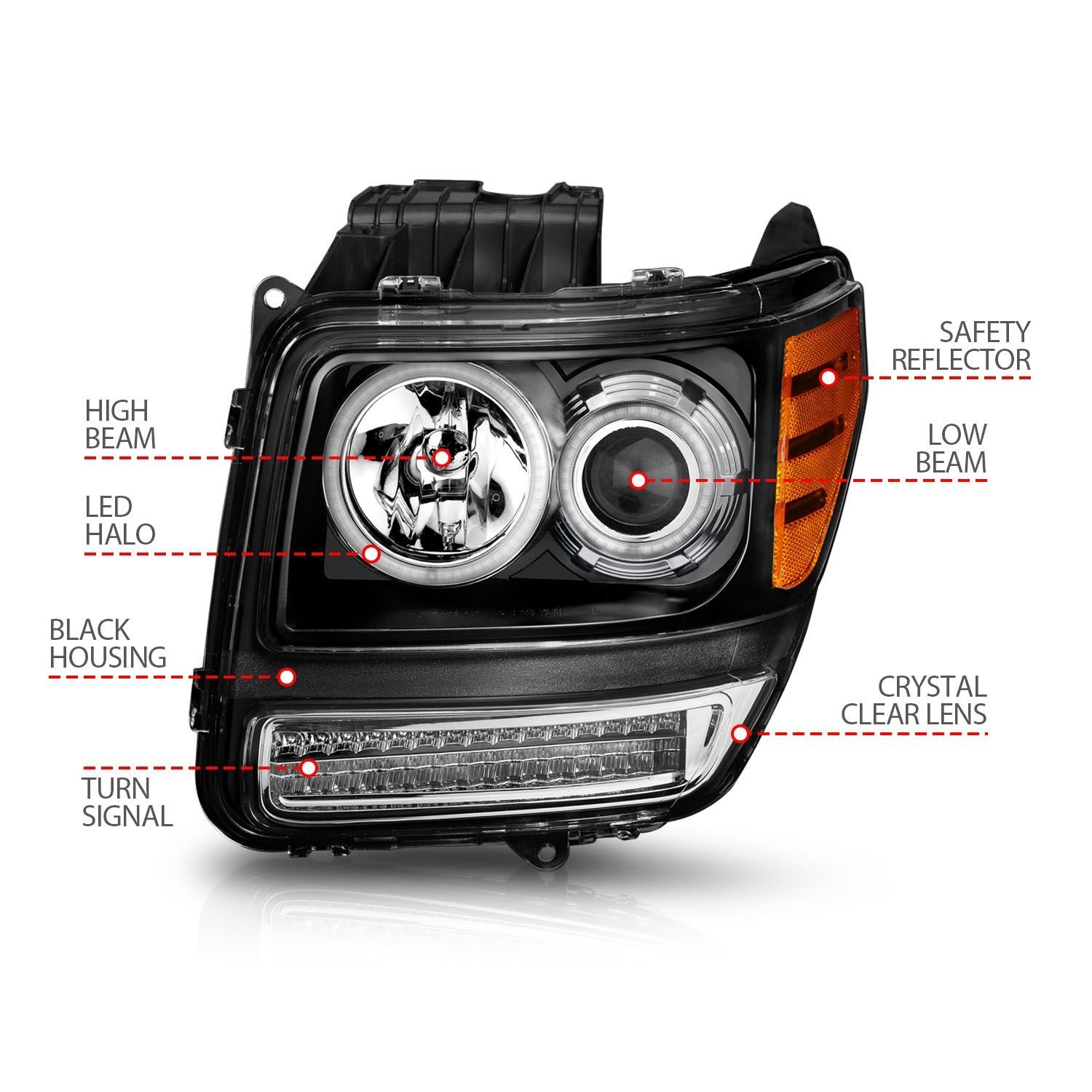 Dodge Nitro 07-12 Projector Headlights Black G2 Clear W/ Rx Halo and Led Signal - Image 4