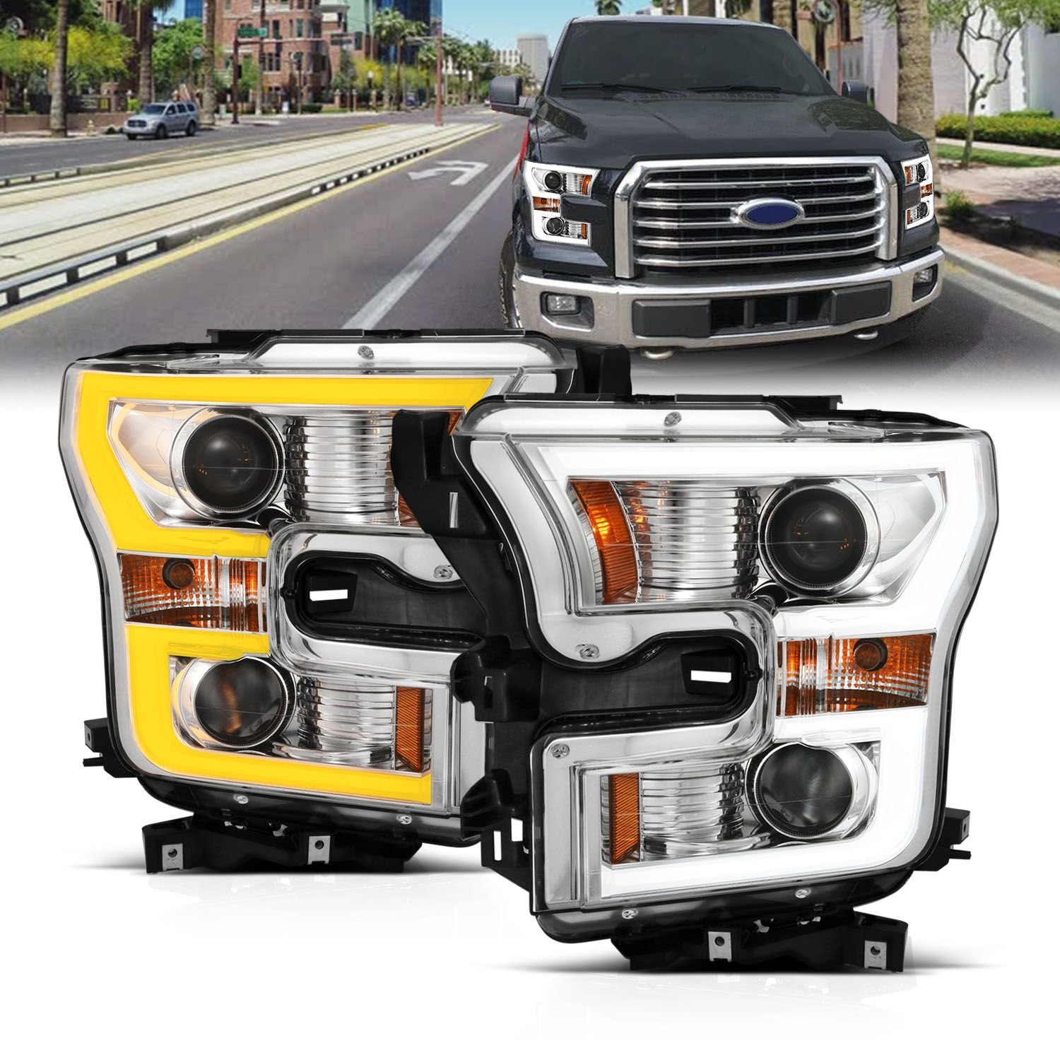 Ford F-150 15-17 Projector Plank Style Switchback Headlight W/ Chrome Housing - Image 1