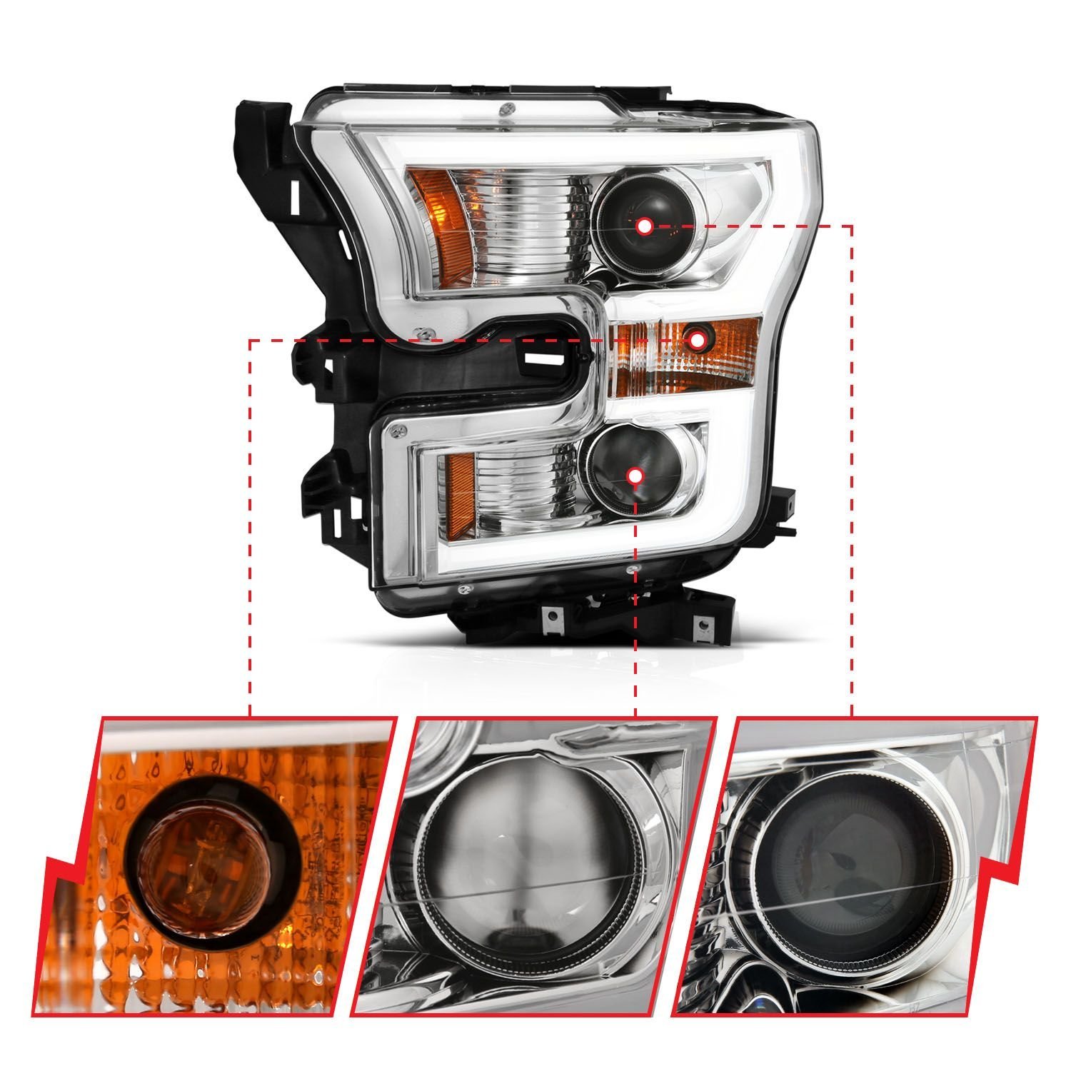 Ford F-150 15-17 Projector Plank Style Switchback Headlight W/ Chrome Housing - Image 4
