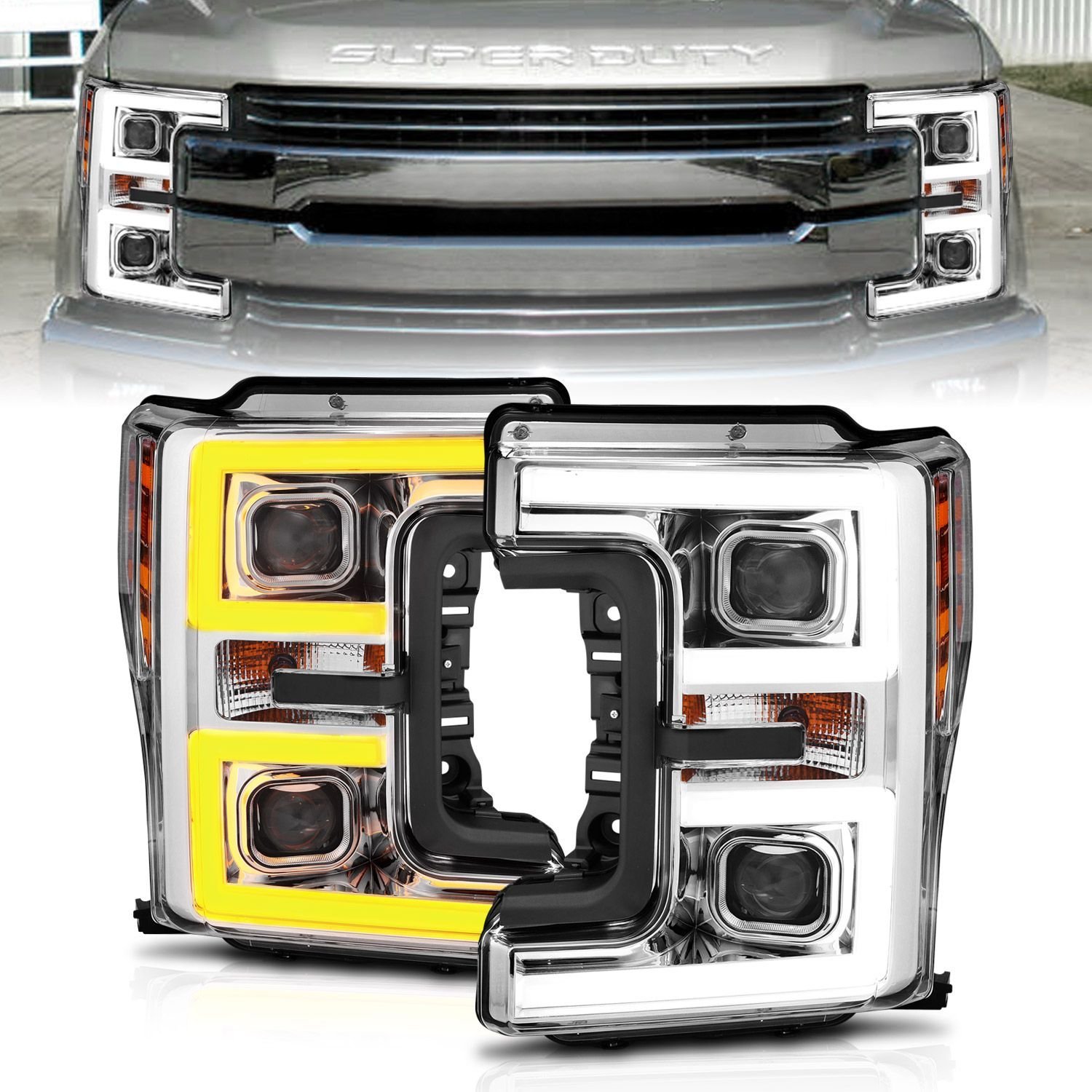 Ford F250/ F350/ F450 Super Duty 17-19 Projector Headlights Chrome - Image 1