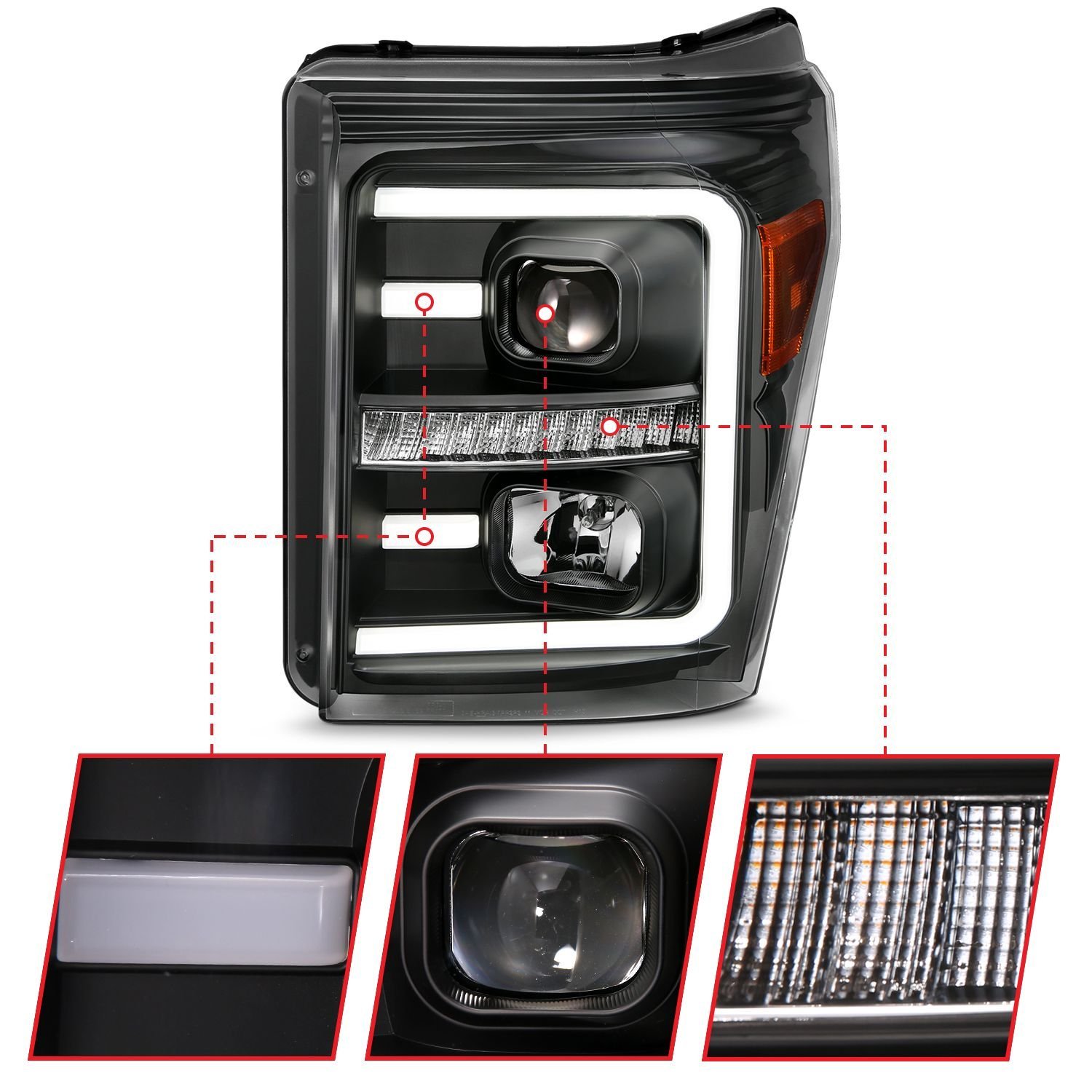 Ford Super Duty 11-16 Projector Plank Style Switchback Headlight Black - Image 3