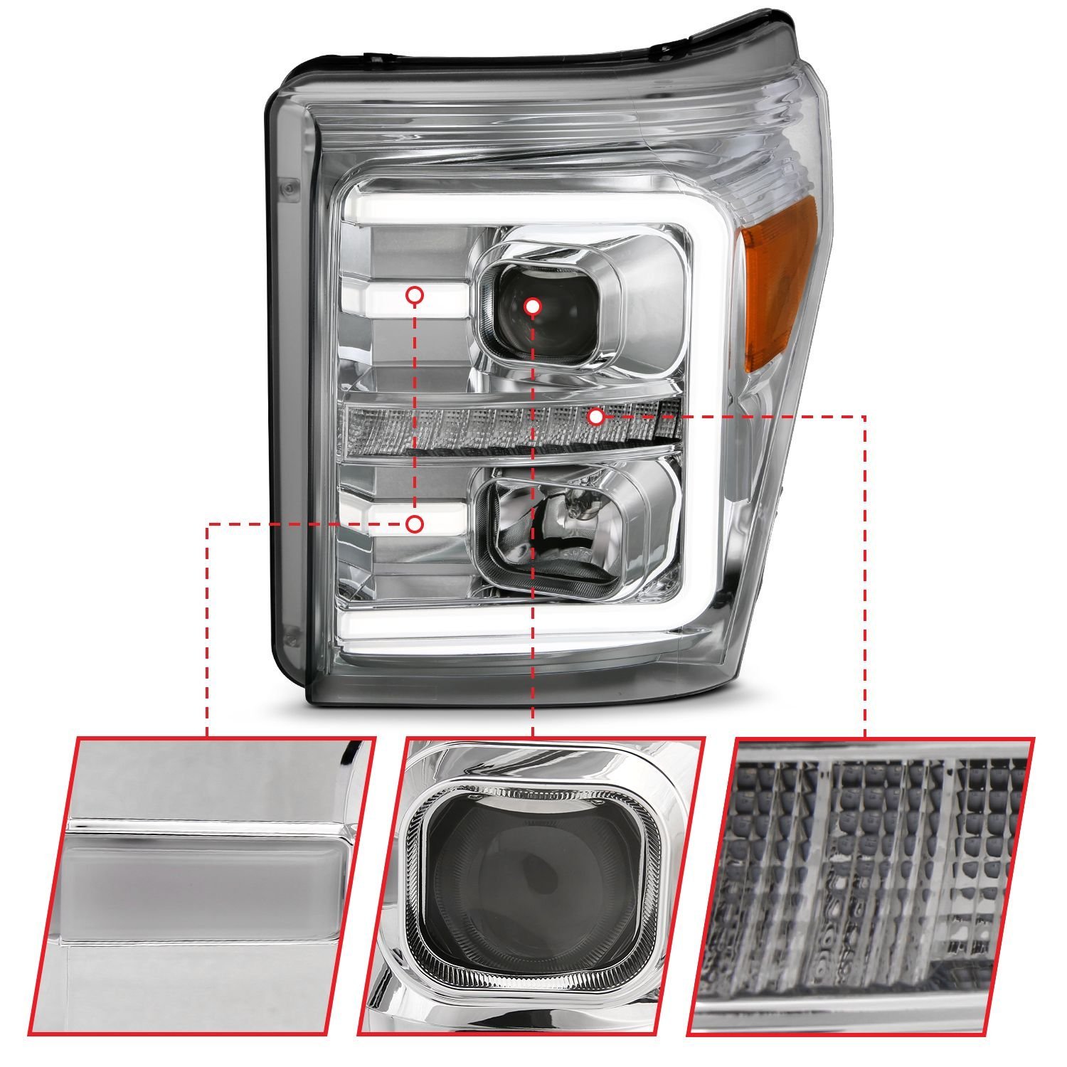 Ford Super Duty 11-16 Projector Plank Style Switchback Headlights H.L Chrome Amber - Image 3