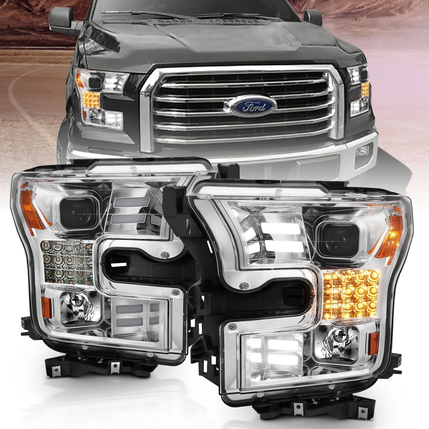 Ford F-150 15-17 Projector Headlights With Chrome Housing With Led Style Light Bar - Image 1