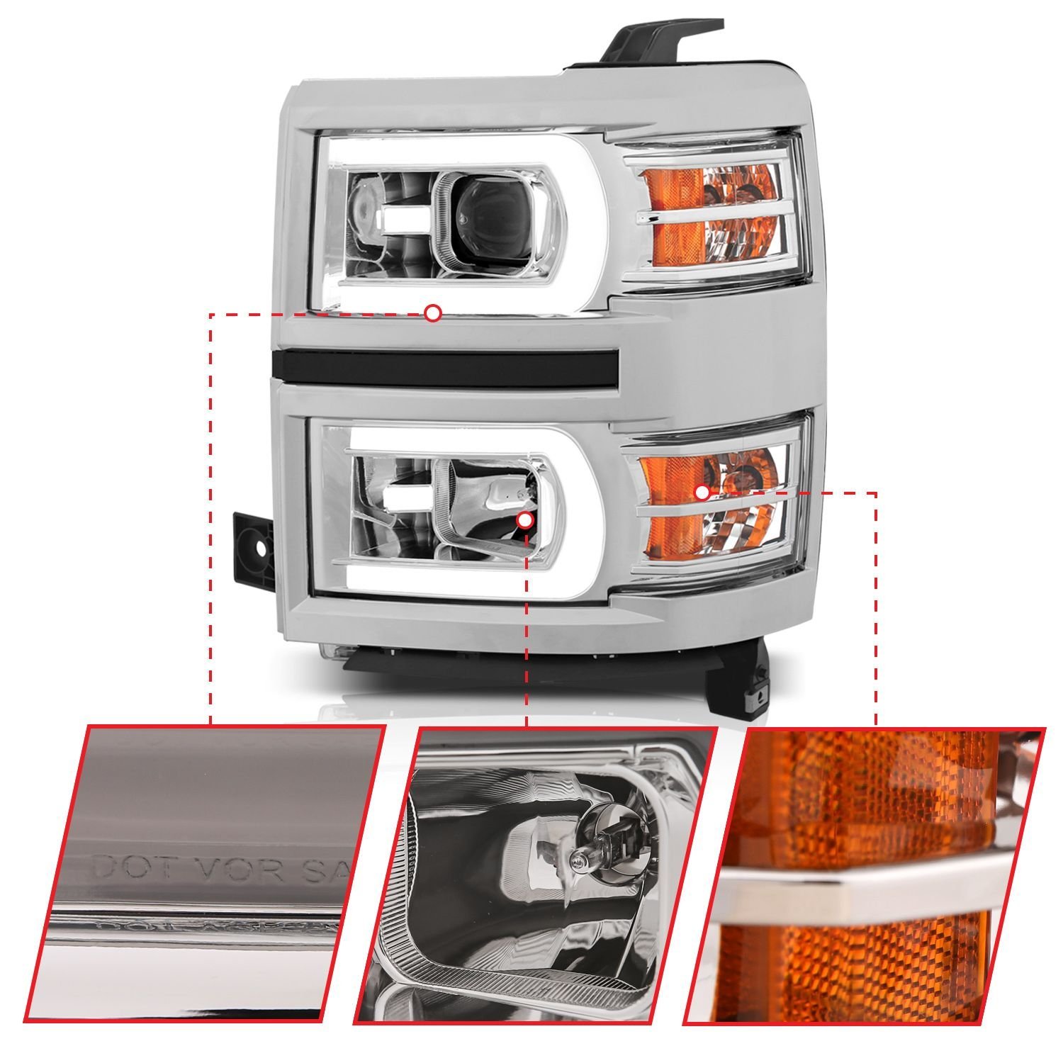Chevy Silverado 1500 14-15 Projector Switchback Headlights - Chrome - Image 3