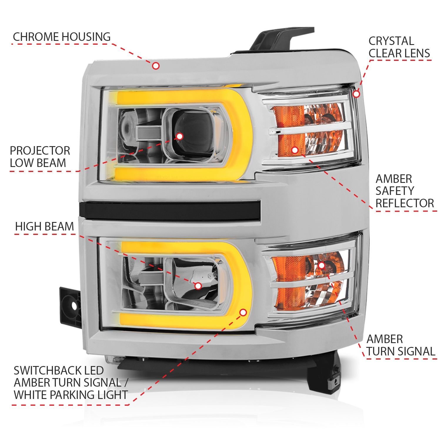 Chevy Silverado 1500 14-15 Projector Switchback Headlights - Chrome - Image 4