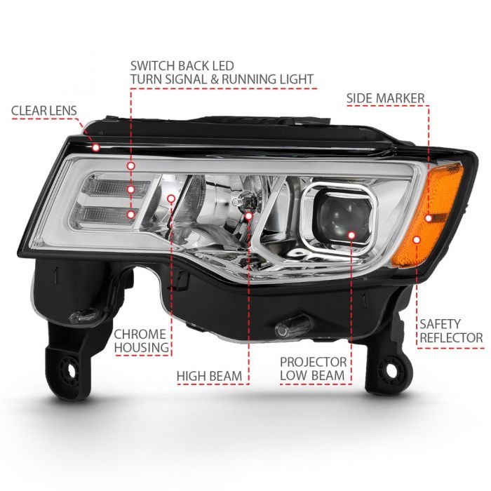Jeep Grand Cherokee 17-22 Projector Switchback Led Plank Style Headlights Chrome