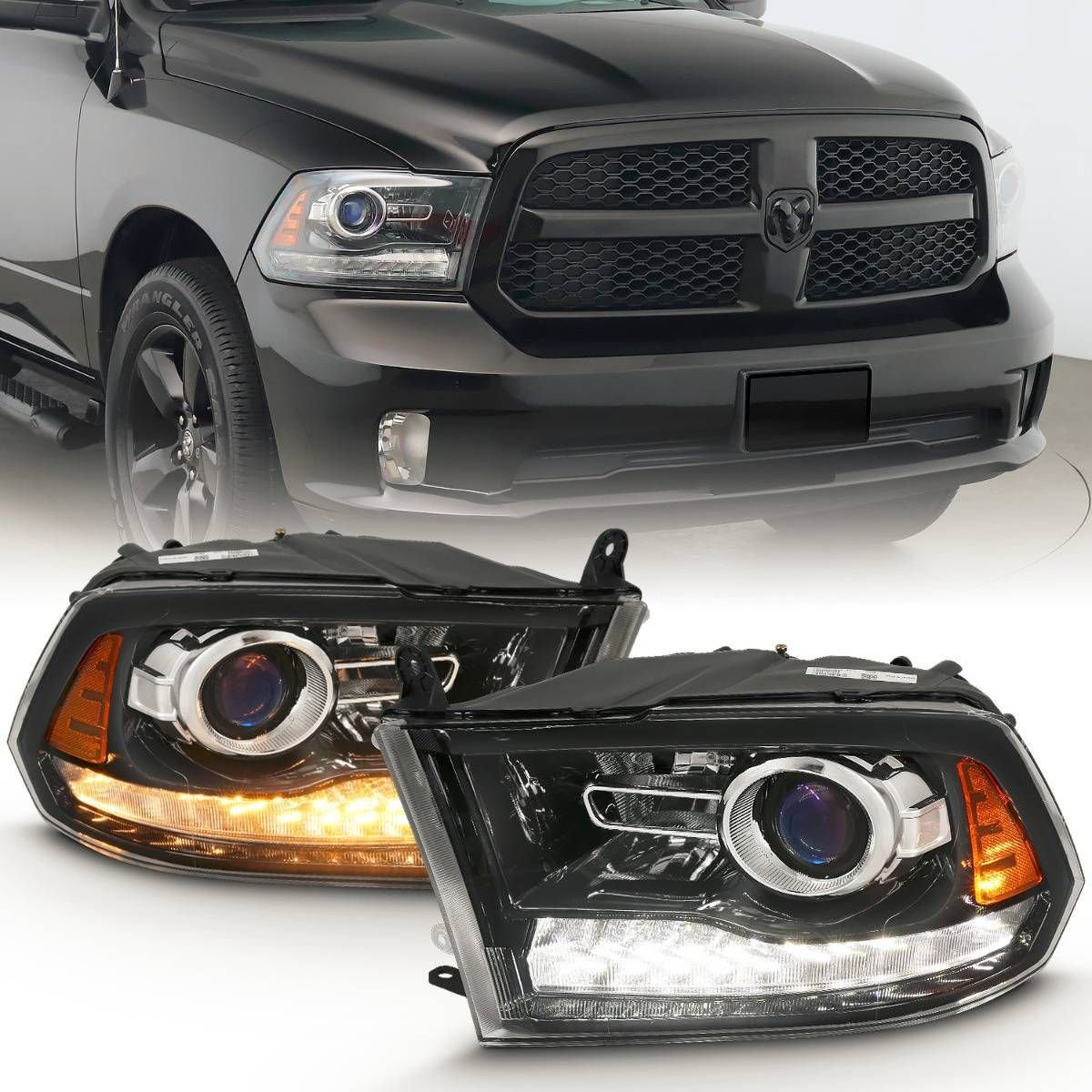Dodge Ram 1500 09-18 / 2500/3500 10-18 Projector Headlights Black Amber - Image 1