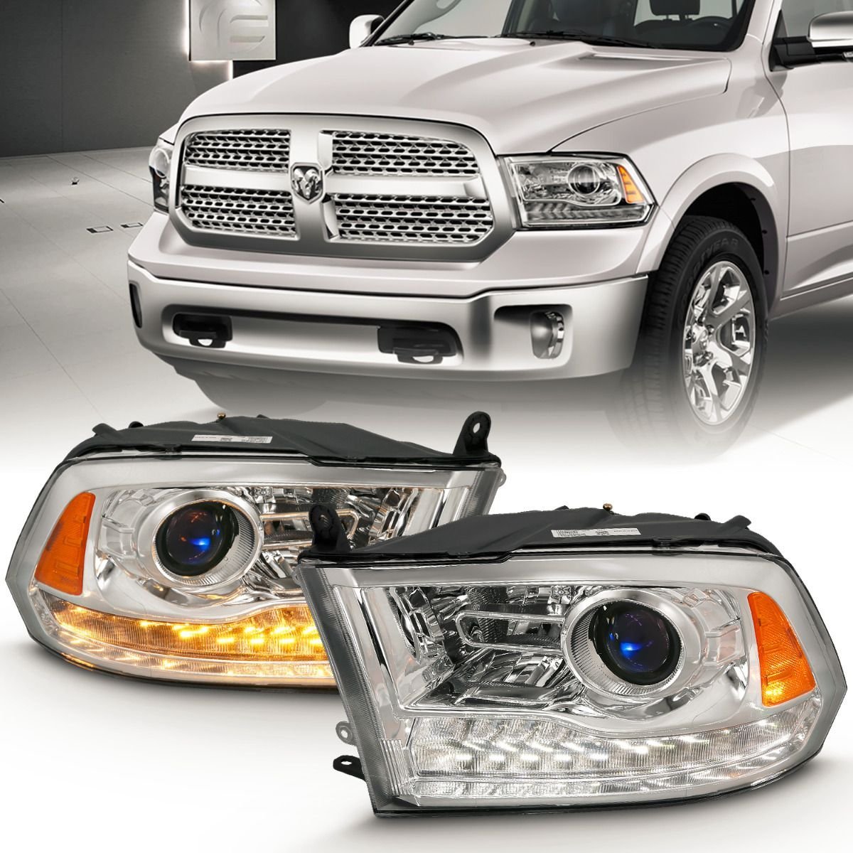 Dodge Ram 1500 09-18 / 2500/3500 10-18 Projector Headlights Chrome Amber - Image 1