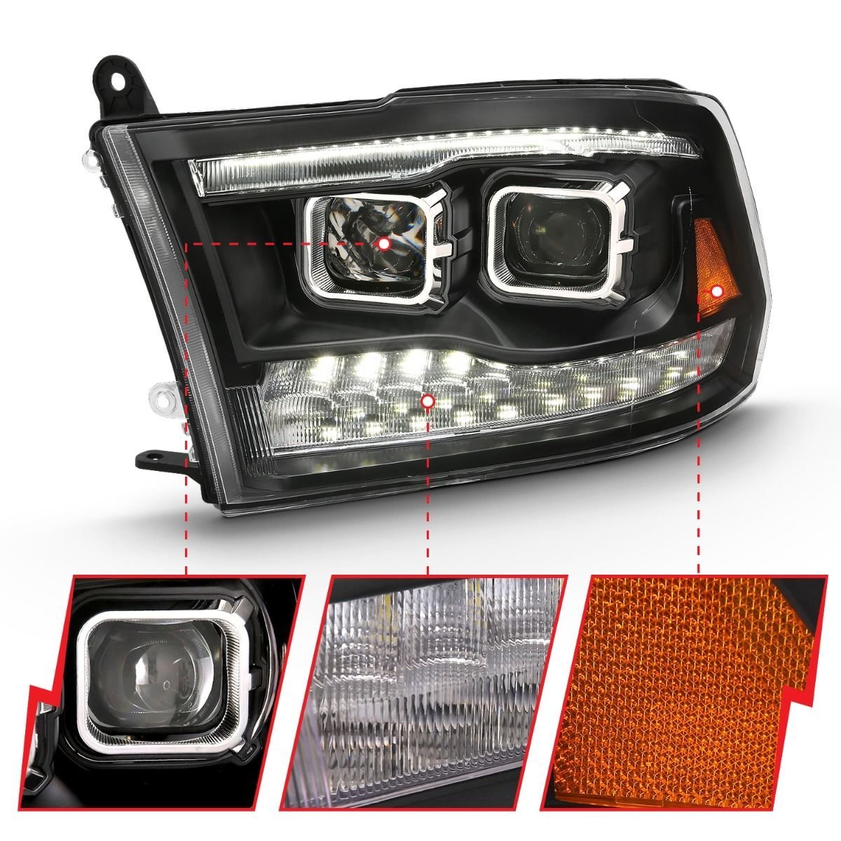 Dodge Ram 1500 09-18 /ram 2500/3500 10-18 Dual Projector Switchback Headlight Black Amber (for All Models) - Image 3